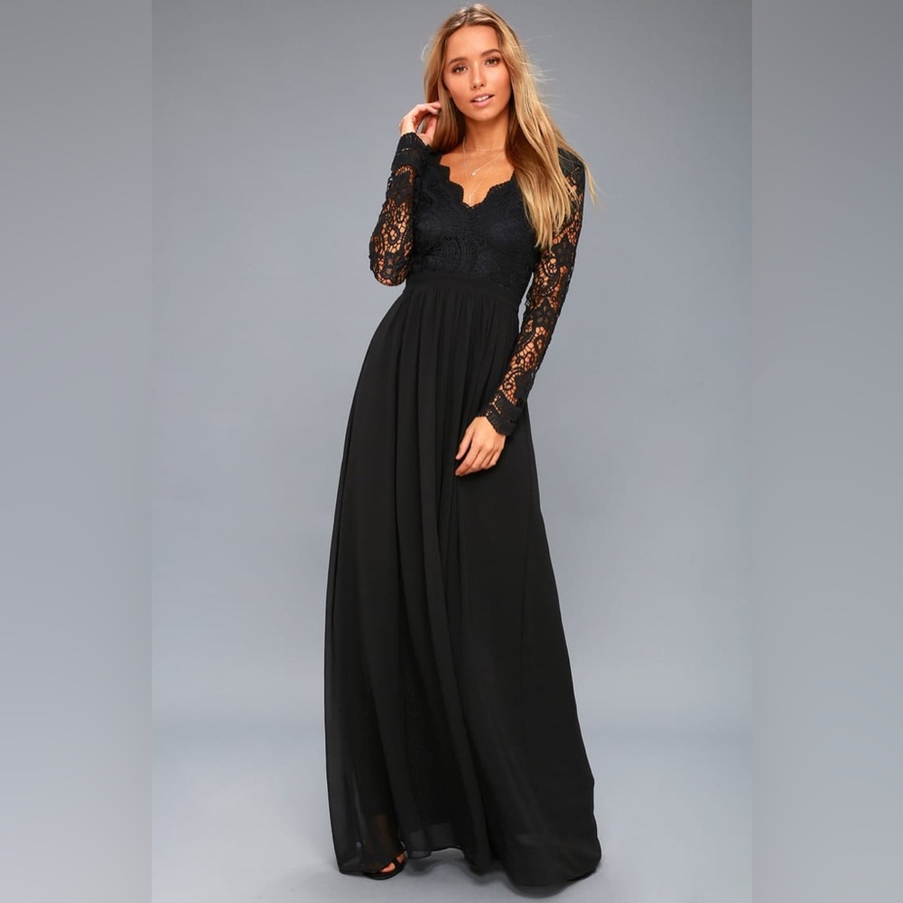 Lulus Awaken My Love Black Long Sleeve Lace Maxi Dress Size Large